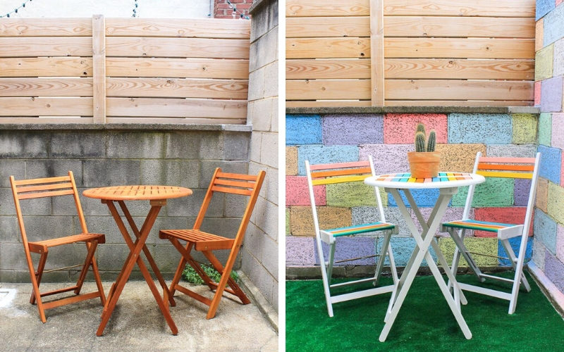 Оформление крыльца загородного дома – идея по покраске стульев и стола